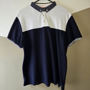 Paper Denim & Cloth Polo Floral Button Down Collar Colorblock Navy White Large